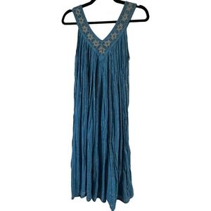 Women's Large Blue Summer Midi Crepe Dress with Gold Embroidered Collar